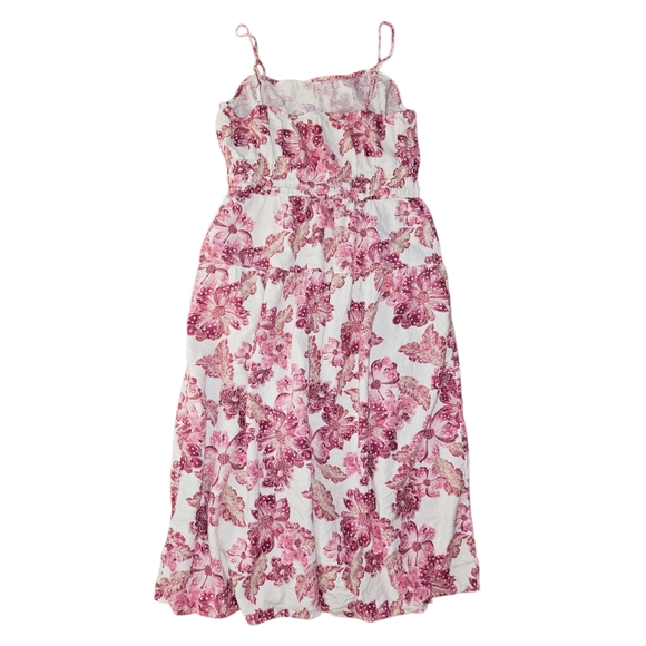 Linen Blend Floral White Pink Summer Dress Women's L - Picture 3 of 8